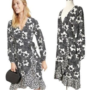 Anthropologie Porridge Amity Wrap Dress in Black and White Floral‎ Polka Dot